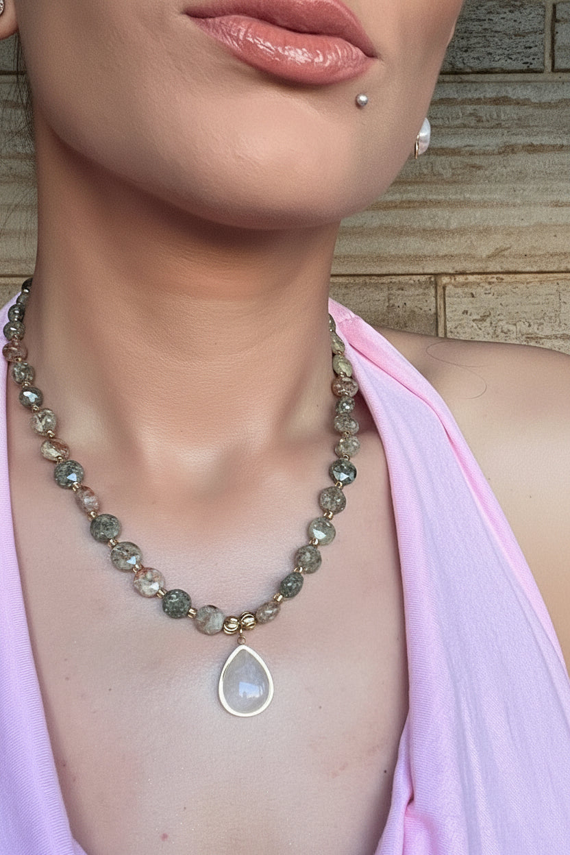 Unakite & Moonstone Drop Necklace | Χειροποίητο Κολιέ με Ημιπολύτιμους Λίθους (Ουνακίτη & Φεγγαρόπετρα)
