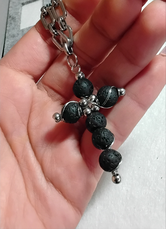 Men's Jewelry, Unisex Necklace, Handmade Cross, Lava Stone Jewelry, Gothic Style, Mens Rosary, Gift for Him, Stainless Steel Jewelry, Greek Designers, Streetwear Accessories