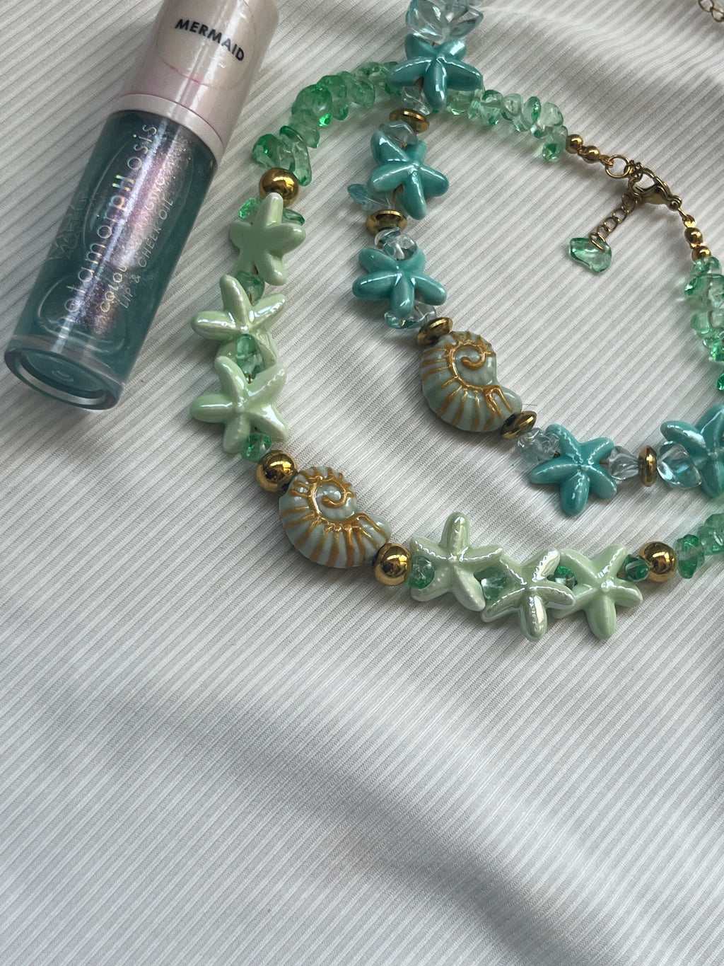 Sirena Mint Green Choker – Χειροποίητο Κολιέ με Κρυστάλλους & Κοχύλι