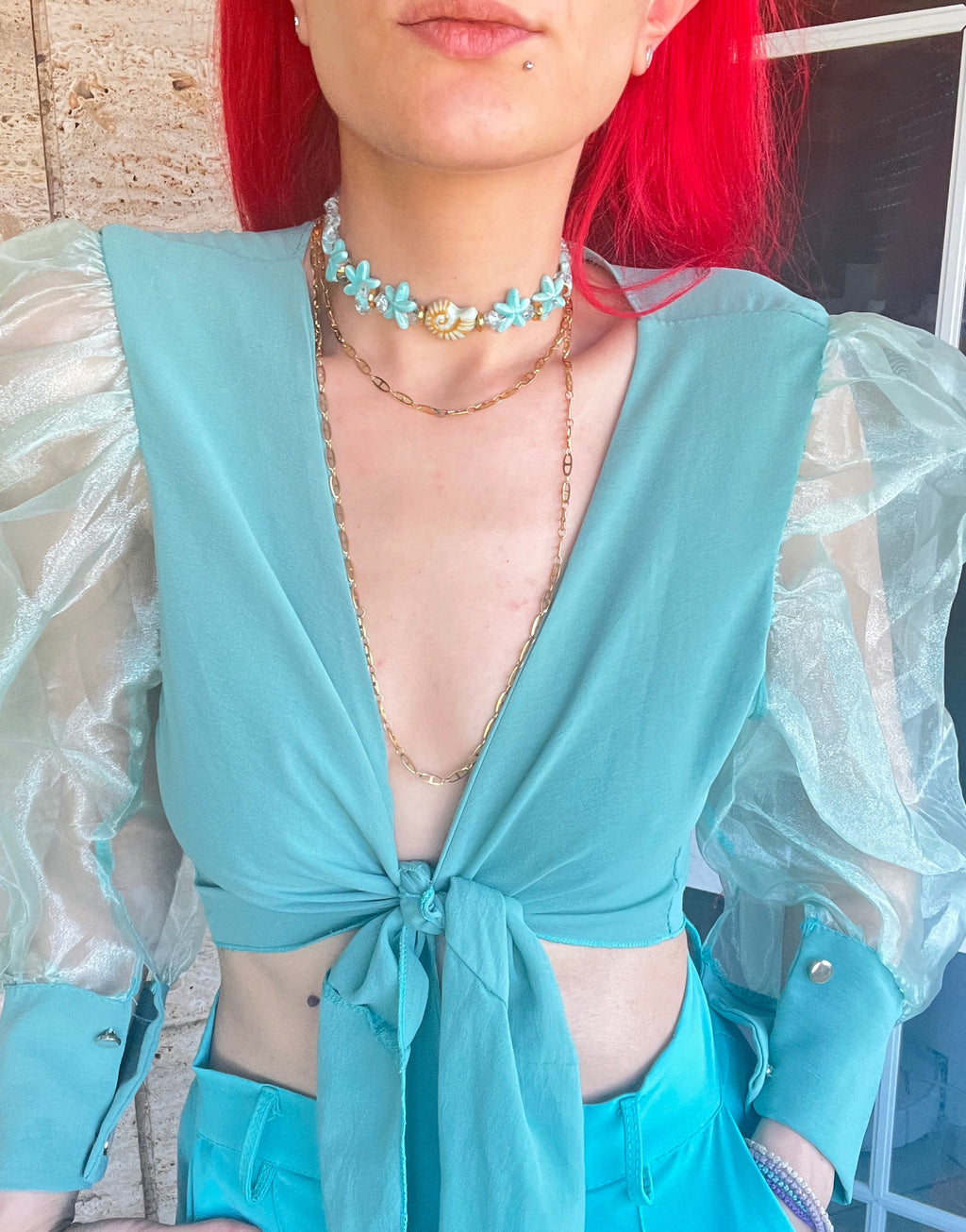 Ocean Turquoise Choker – Χειροποίητο Κολιέ με Κοχύλι & Αστερίες