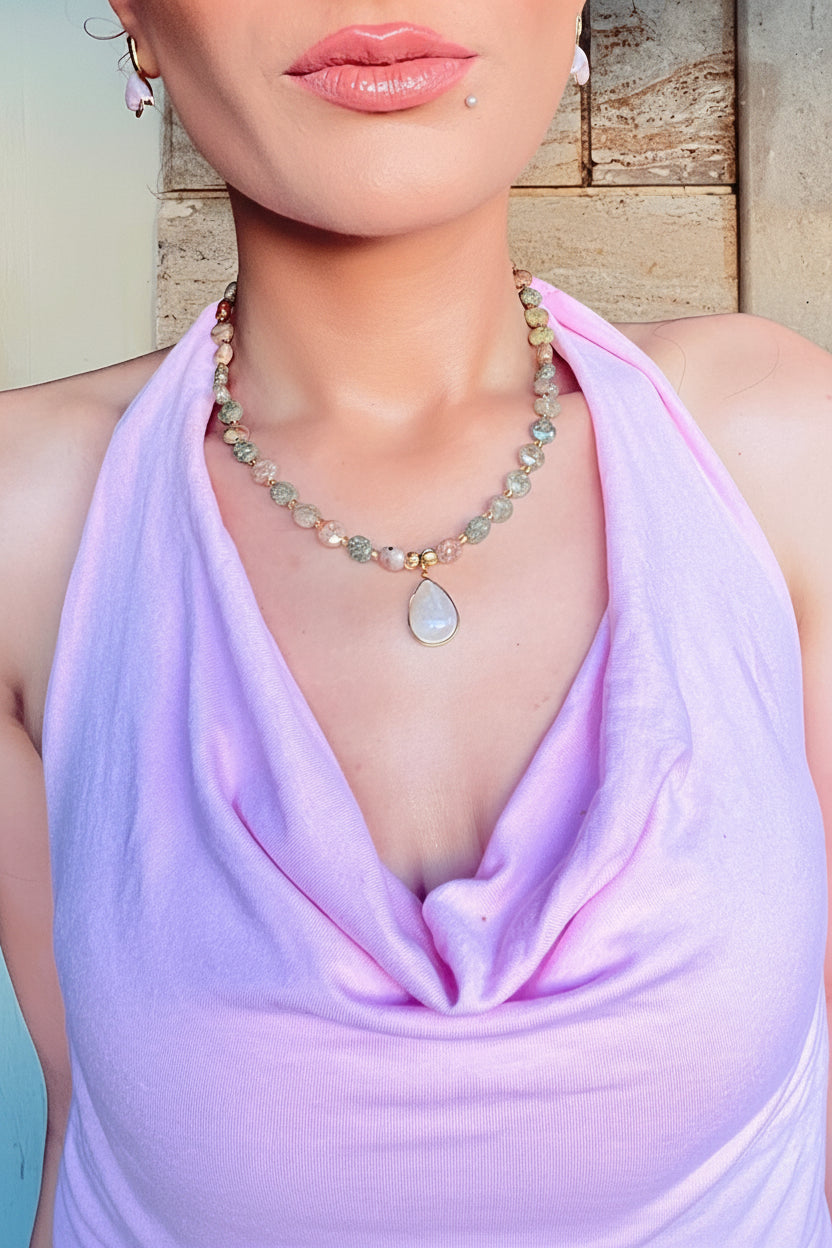 Unakite & Moonstone Drop Necklace | Χειροποίητο Κολιέ με Ημιπολύτιμους Λίθους (Ουνακίτη & Φεγγαρόπετρα)