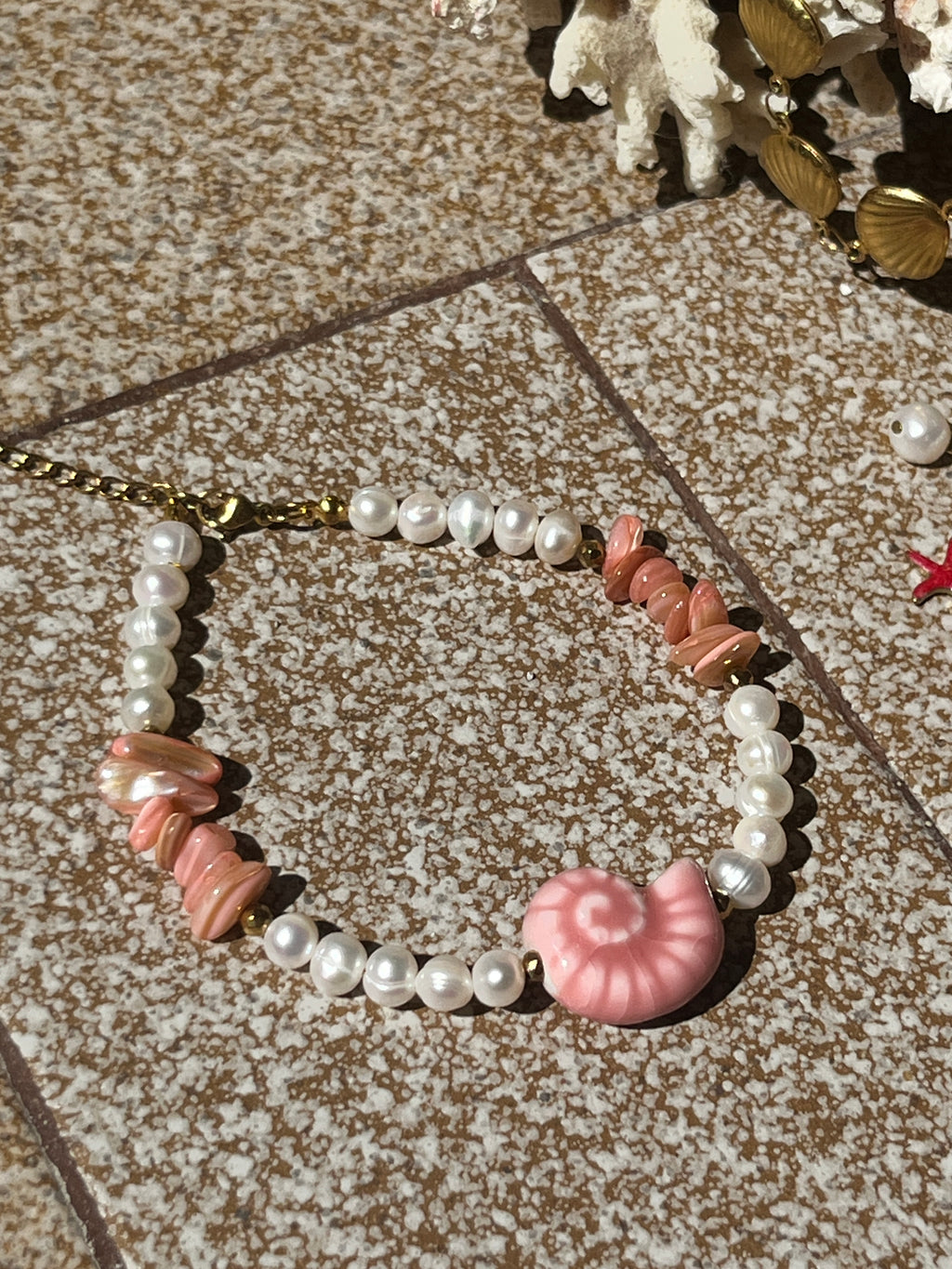 "Sirena Shell" Pink Nautilus Baroque Pearl Anklet