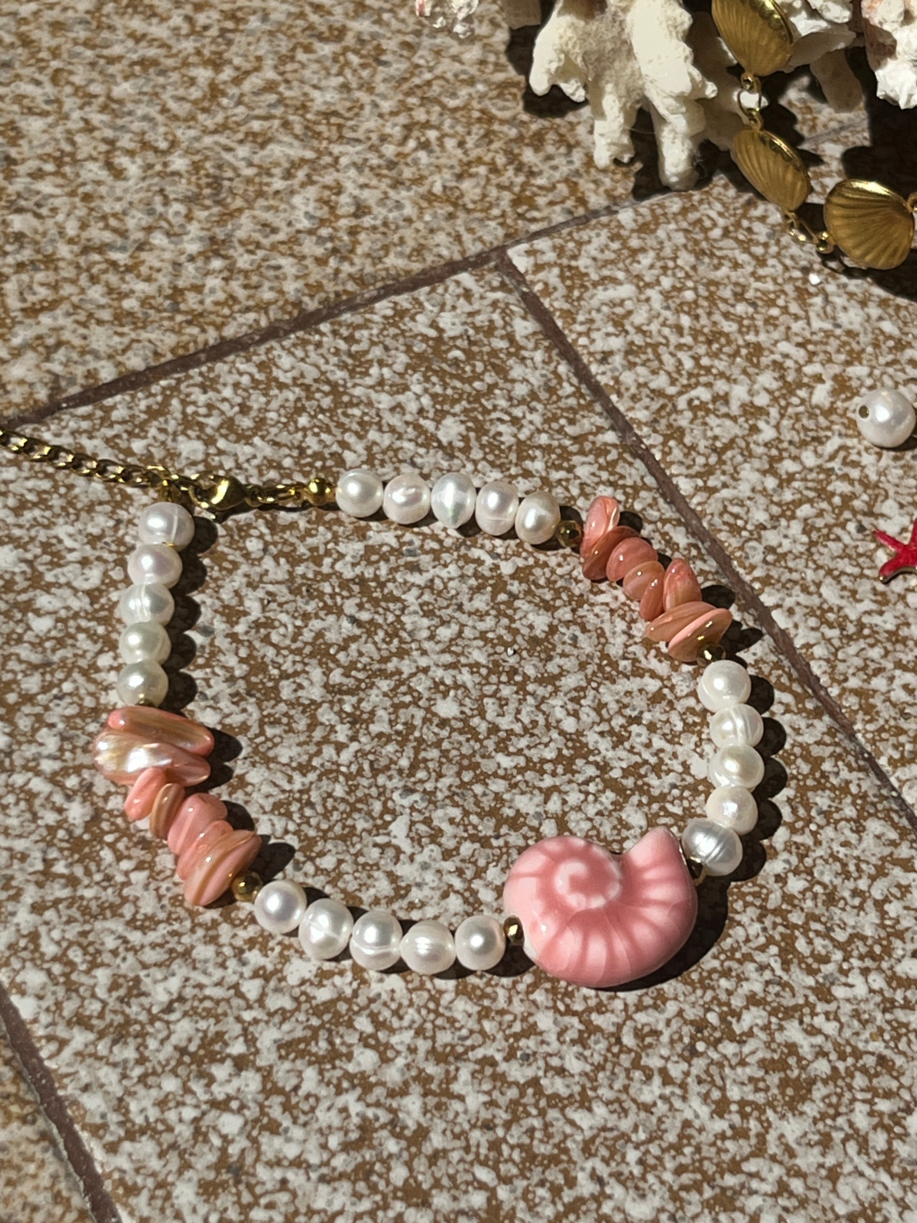 "Sirena Shell" Pink Nautilus Baroque Pearl Anklet