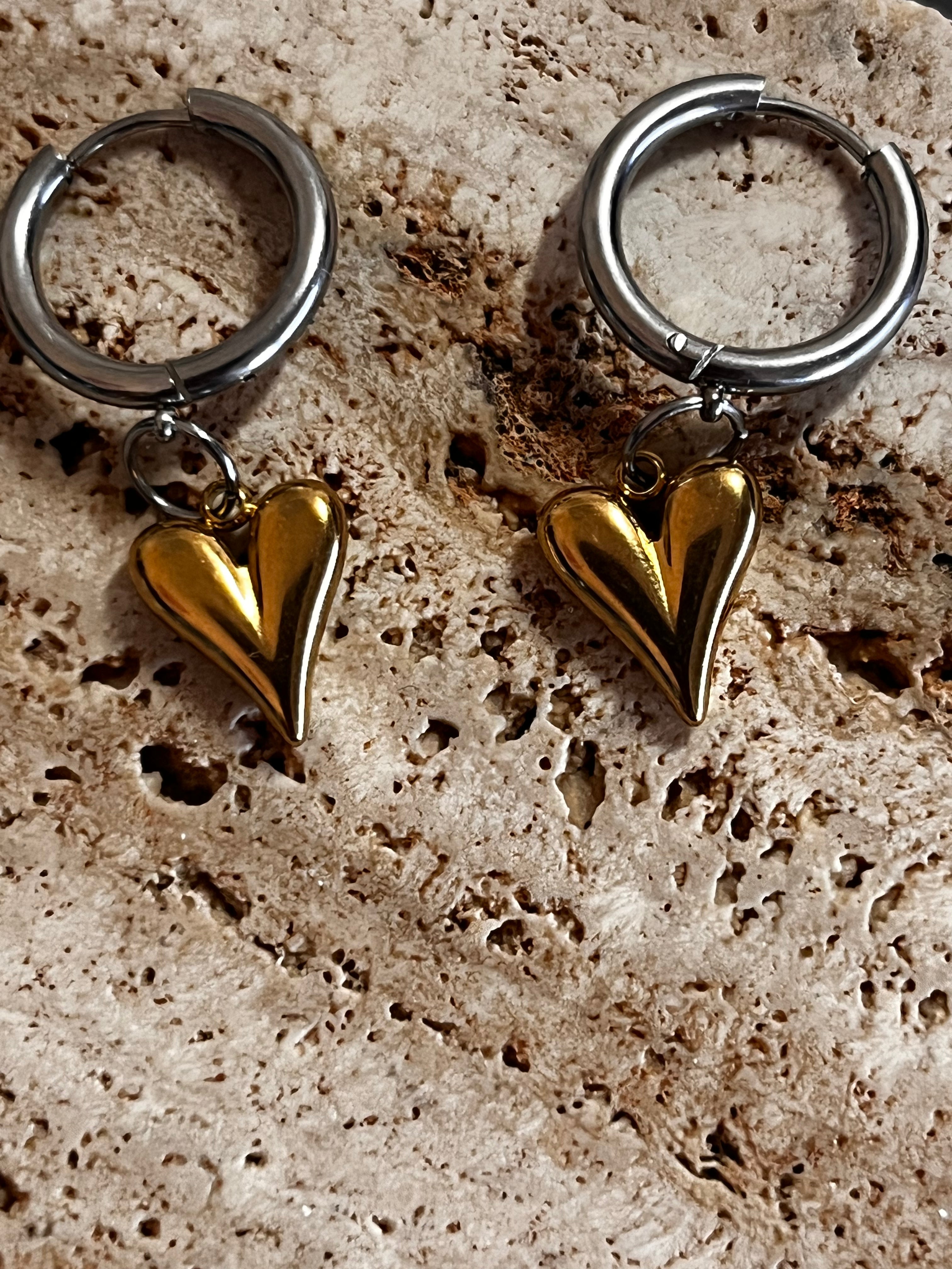 Stainless steel earrings two-toned with heart shaped charms 
