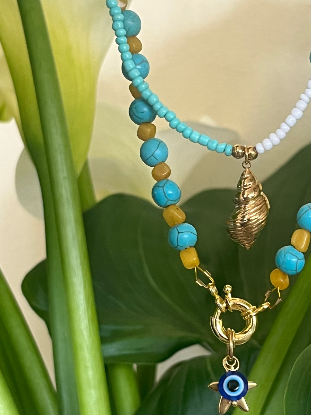 Summer Bliss – Handmade Turquoise Beaded Necklace with Gold Starfish & Evil Eye Charm