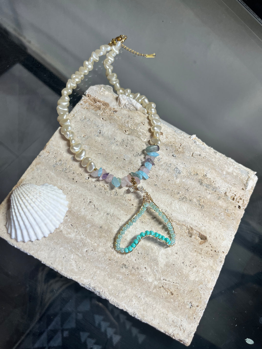 Mermaid’s Tale – Pearl & Gemstone Necklace with Wire-Wrapped Mermaid Tail