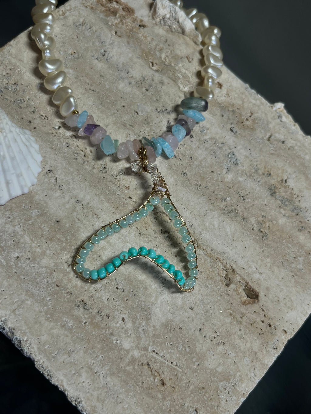 Mermaid’s Tale – Pearl & Gemstone Necklace with Wire-Wrapped Mermaid Tail