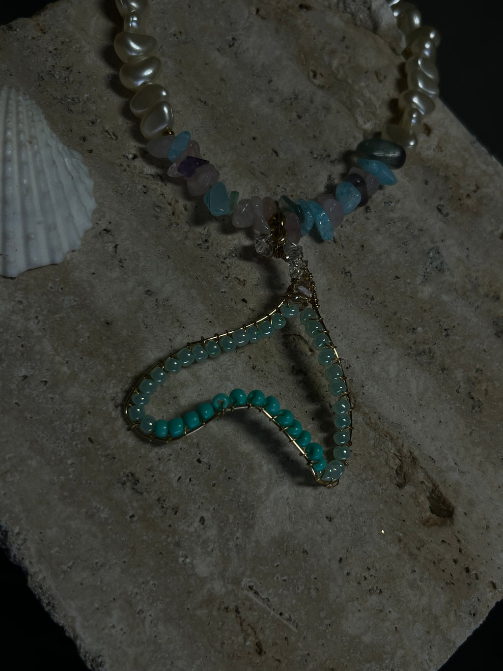 Mermaid’s Tale – Pearl & Gemstone Necklace with Wire-Wrapped Mermaid Tail