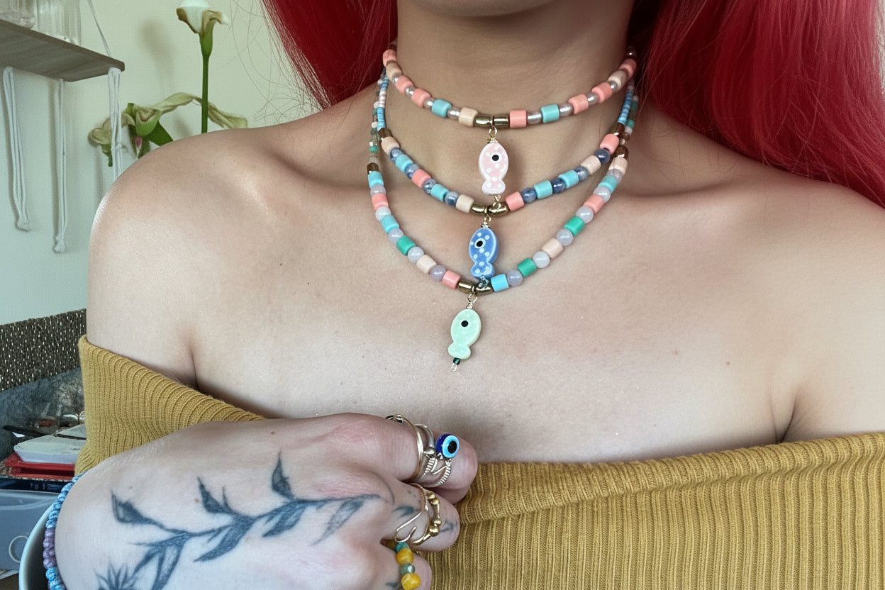 Ceramic Fish Beaded Necklace - Limited Summer Edition(Green Fish)