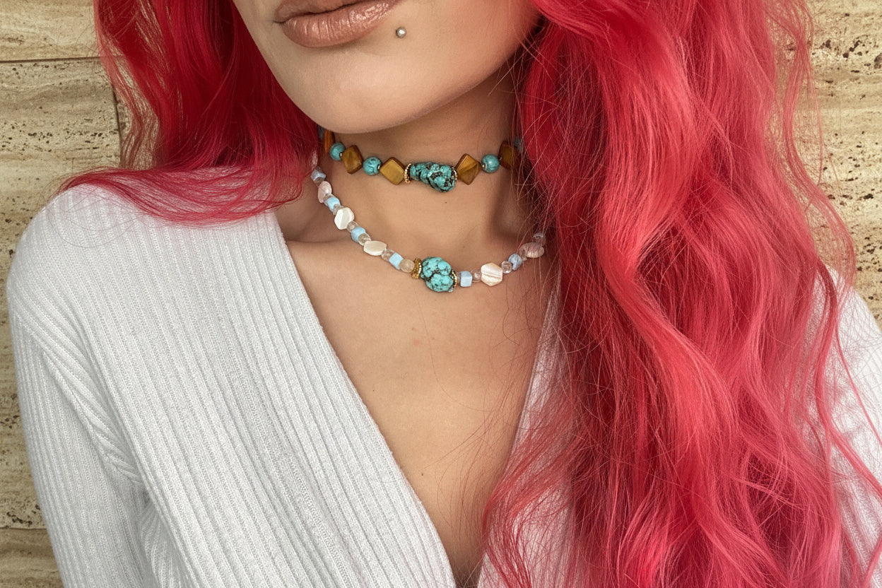 Κολιέ Choker από Φίλντισι & Τυρκουάζ Χειροποίητο Statement