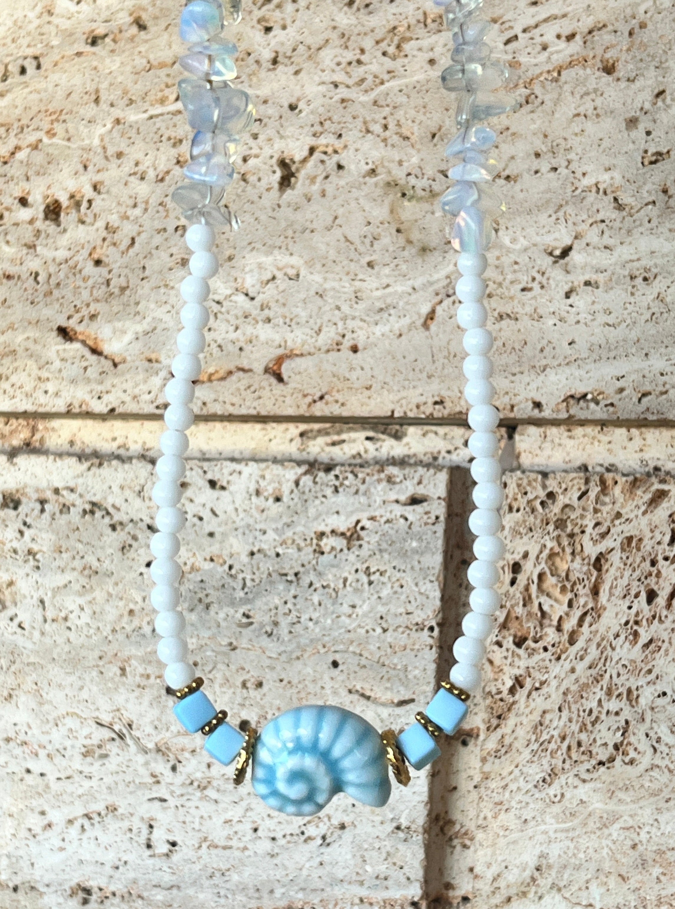Ceramic Shell & Mineral Glass Statement Necklace