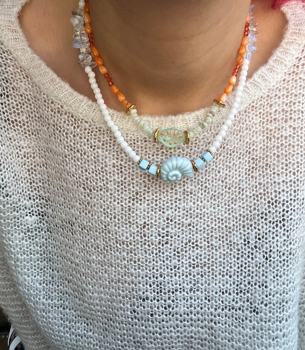 Ceramic Shell & Mineral Glass Statement Necklace
