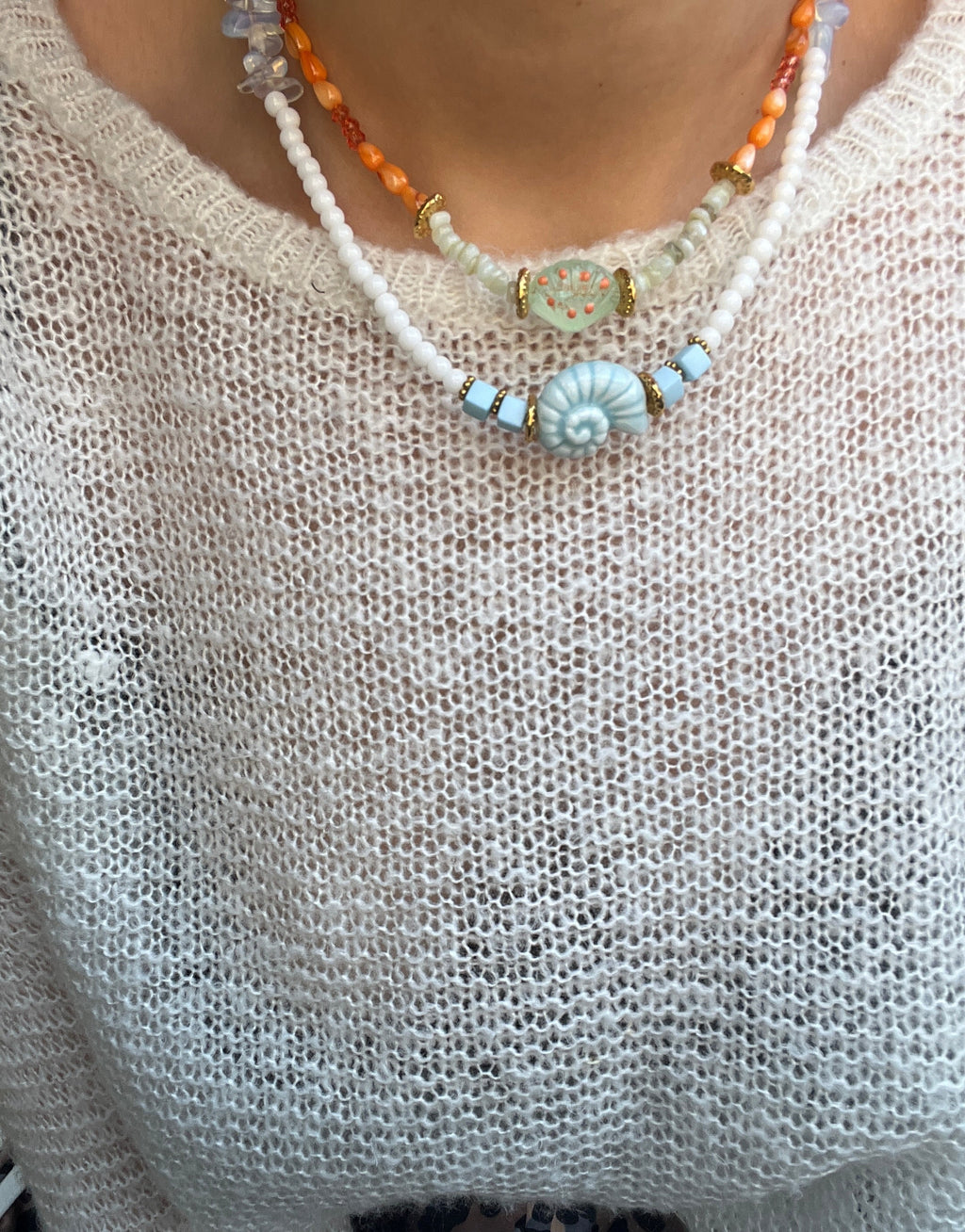 Ceramic Shell & Mineral Glass Statement Necklace
