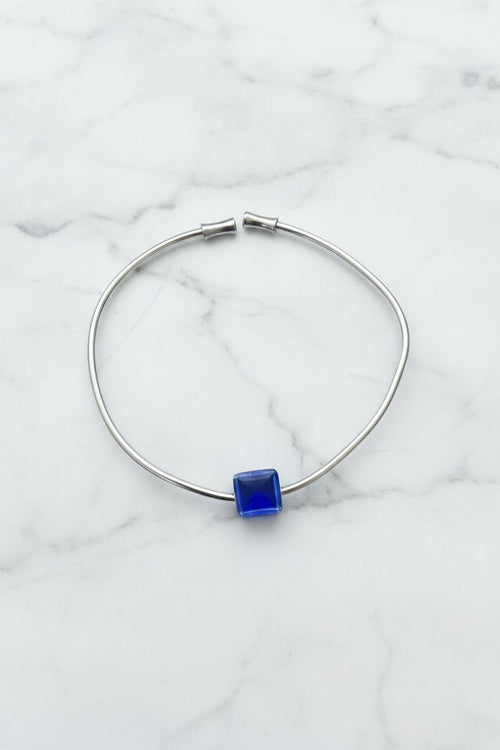 Aegean Cube Cuff / Ασημένια Χειροπέδα με Μπλε Γεωμετρικό Κύβο - Sirena Jewelry