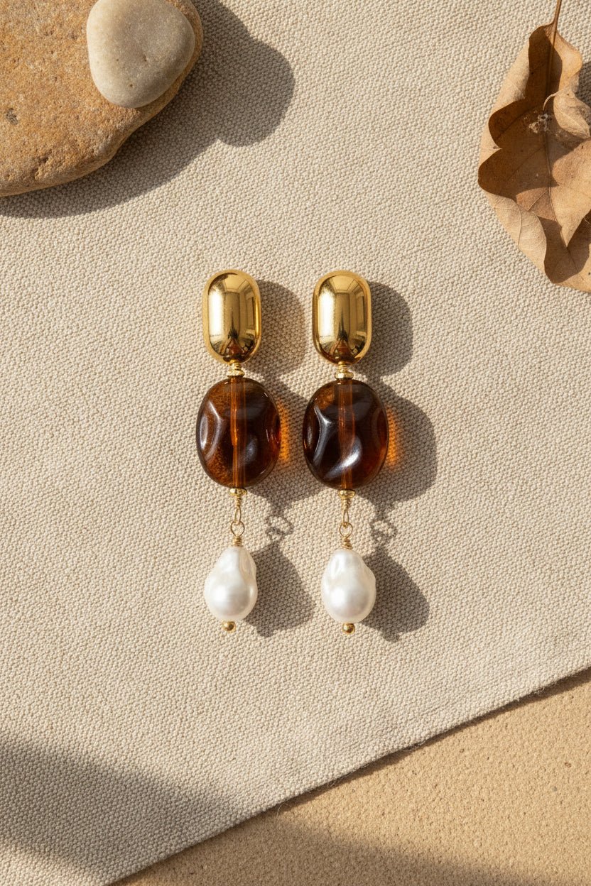 Amber & Pearl Drop Earrings - Sirena Jewelry