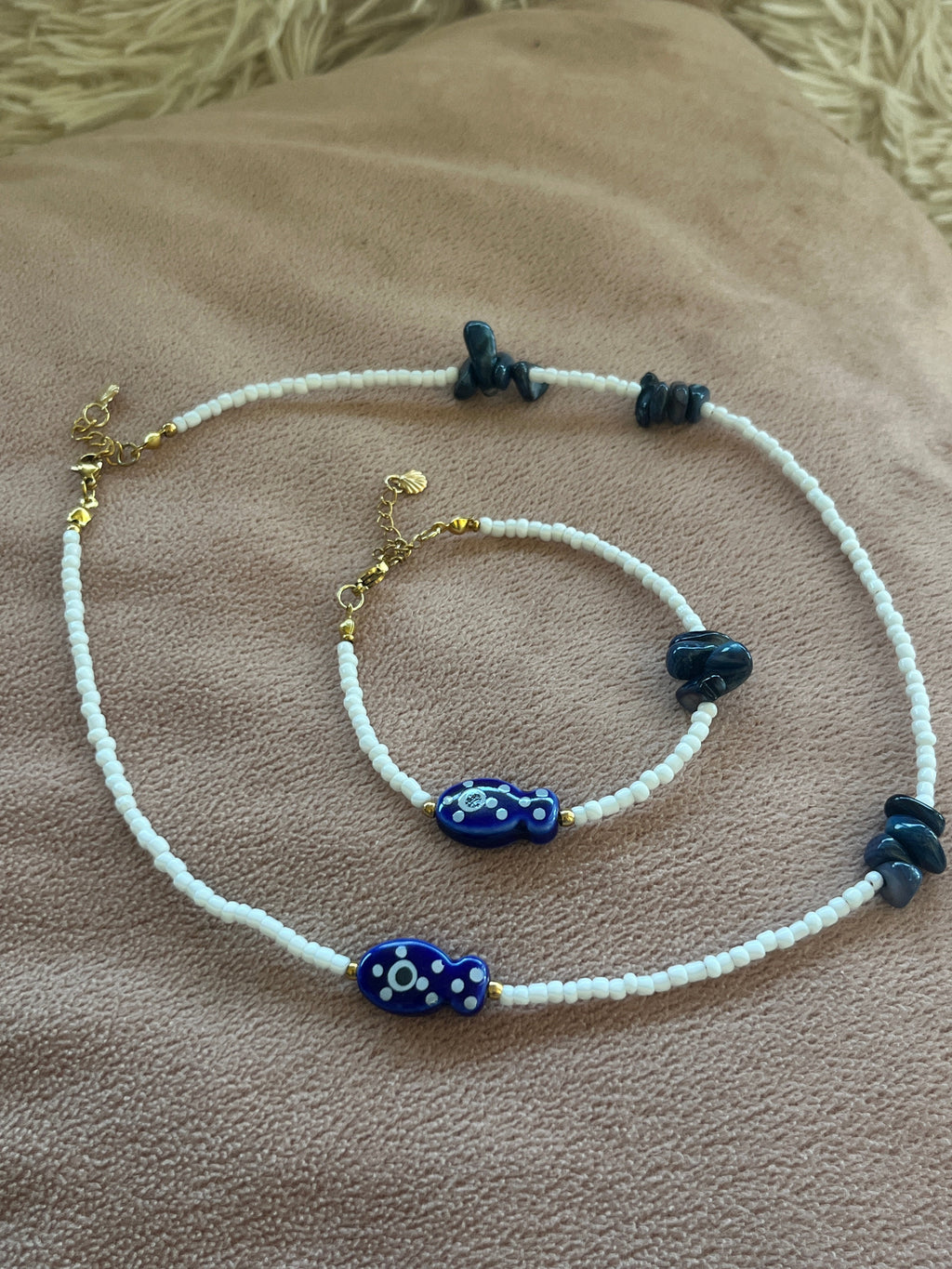 Deep Sea Soul – Handmade Navy & White Beads Jewelry Set - Sirena Jewelry
