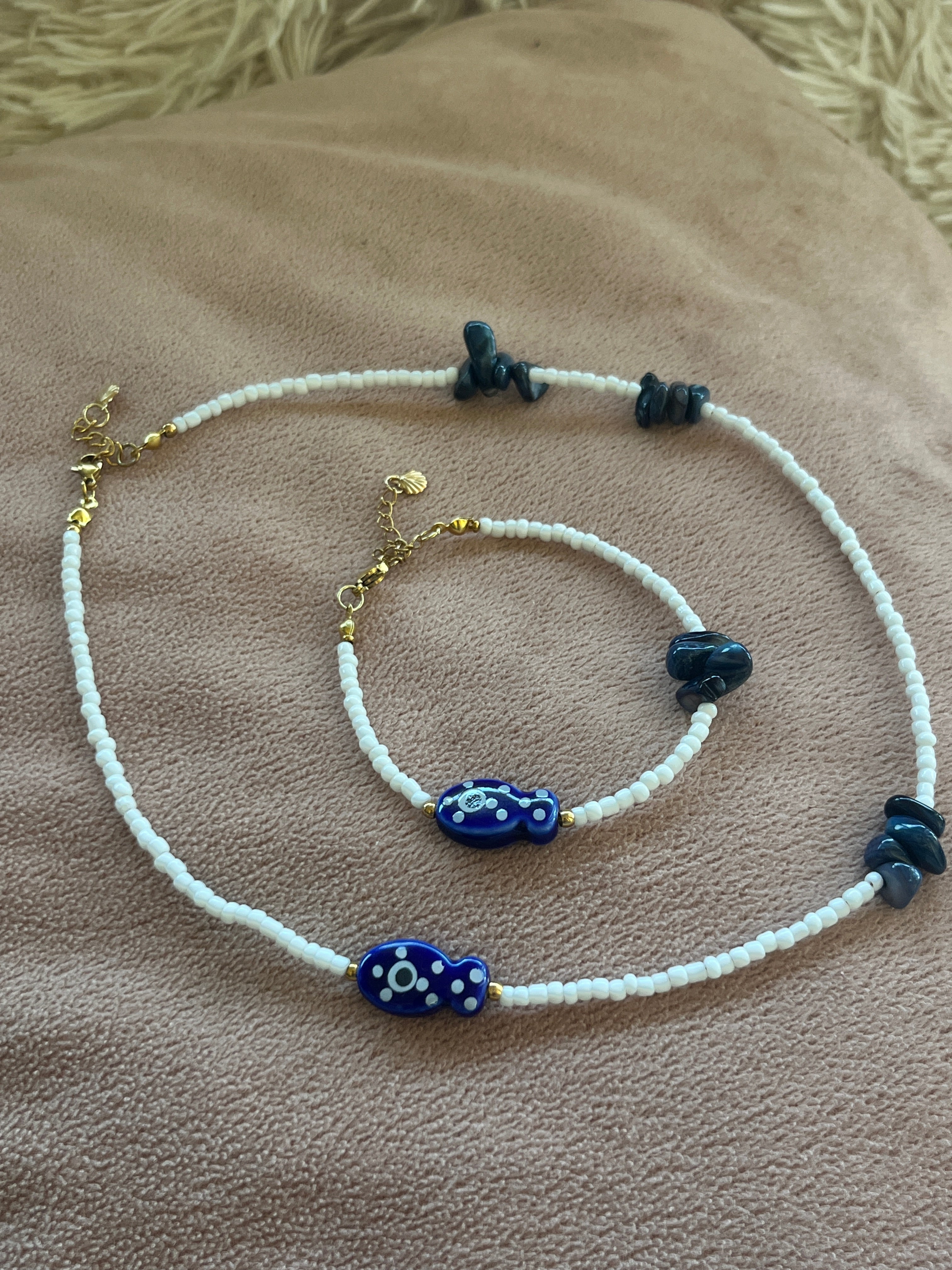 Deep Sea Soul – Handmade Navy & White Beads Jewelry Set - Sirena Jewelry