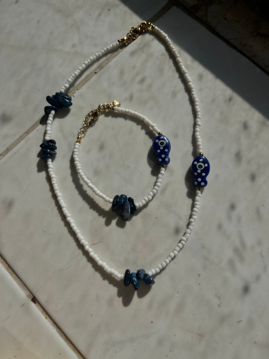 Deep Sea Soul – Handmade Navy & White Beads Jewelry Set - Sirena Jewelry