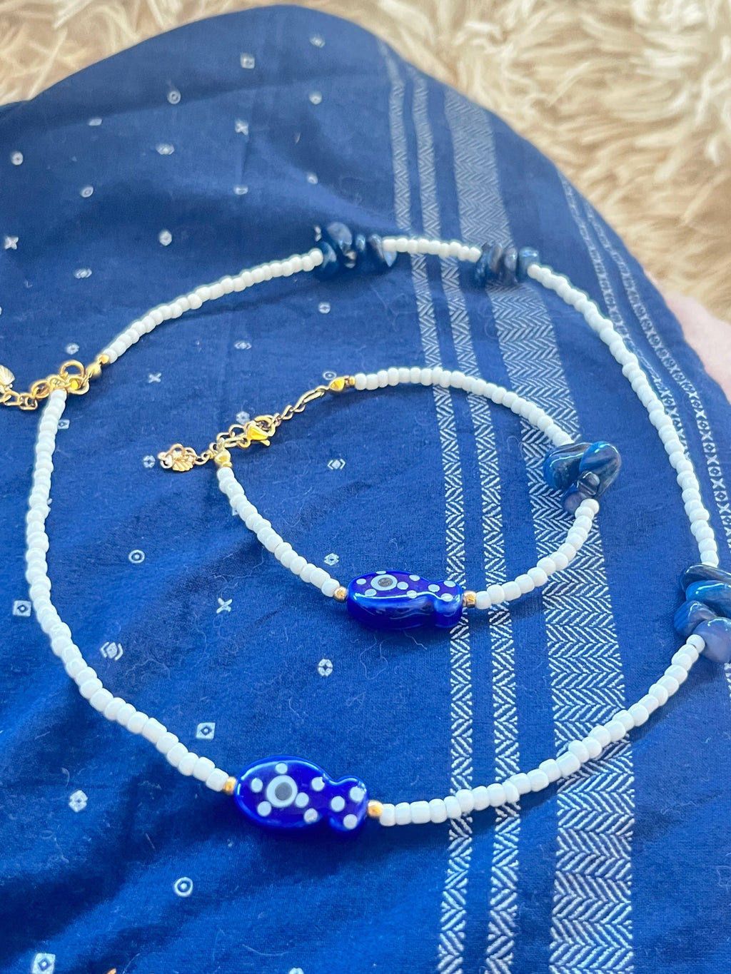 Deep Sea Soul – Handmade Navy & White Beads Jewelry Set - Sirena Jewelry