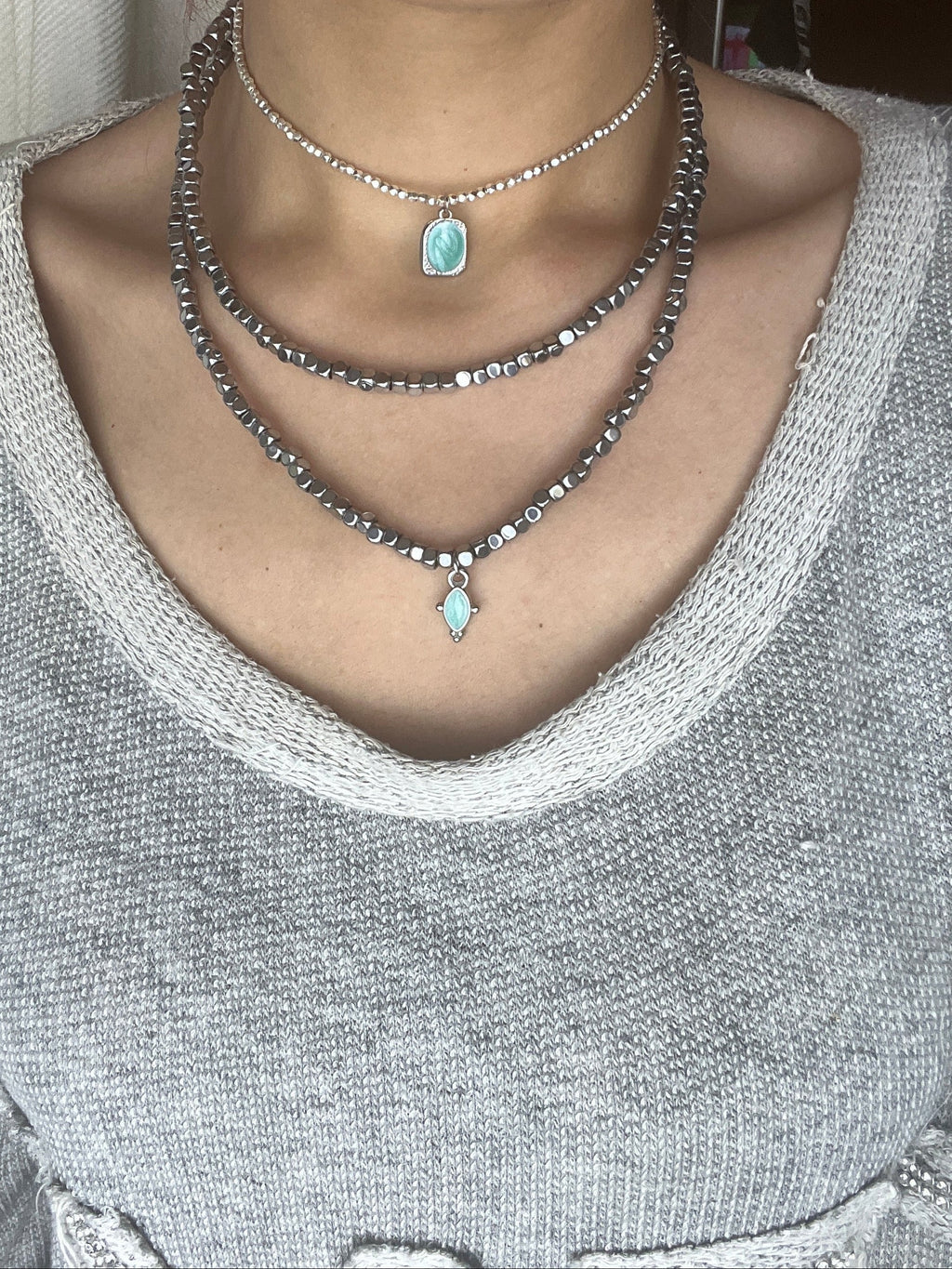 Double Strand Hematite & Mint Drop Necklace - Sirena Jewelry