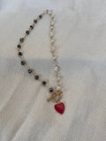 Handmade Half - Pearl Half - Leopard Heart Necklace with Red Enamel Charm - Sirena Jewelry