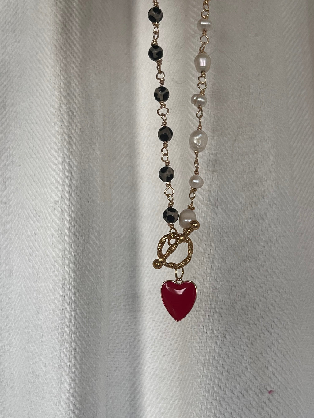 Handmade Half - Pearl Half - Leopard Heart Necklace with Red Enamel Charm - Sirena Jewelry