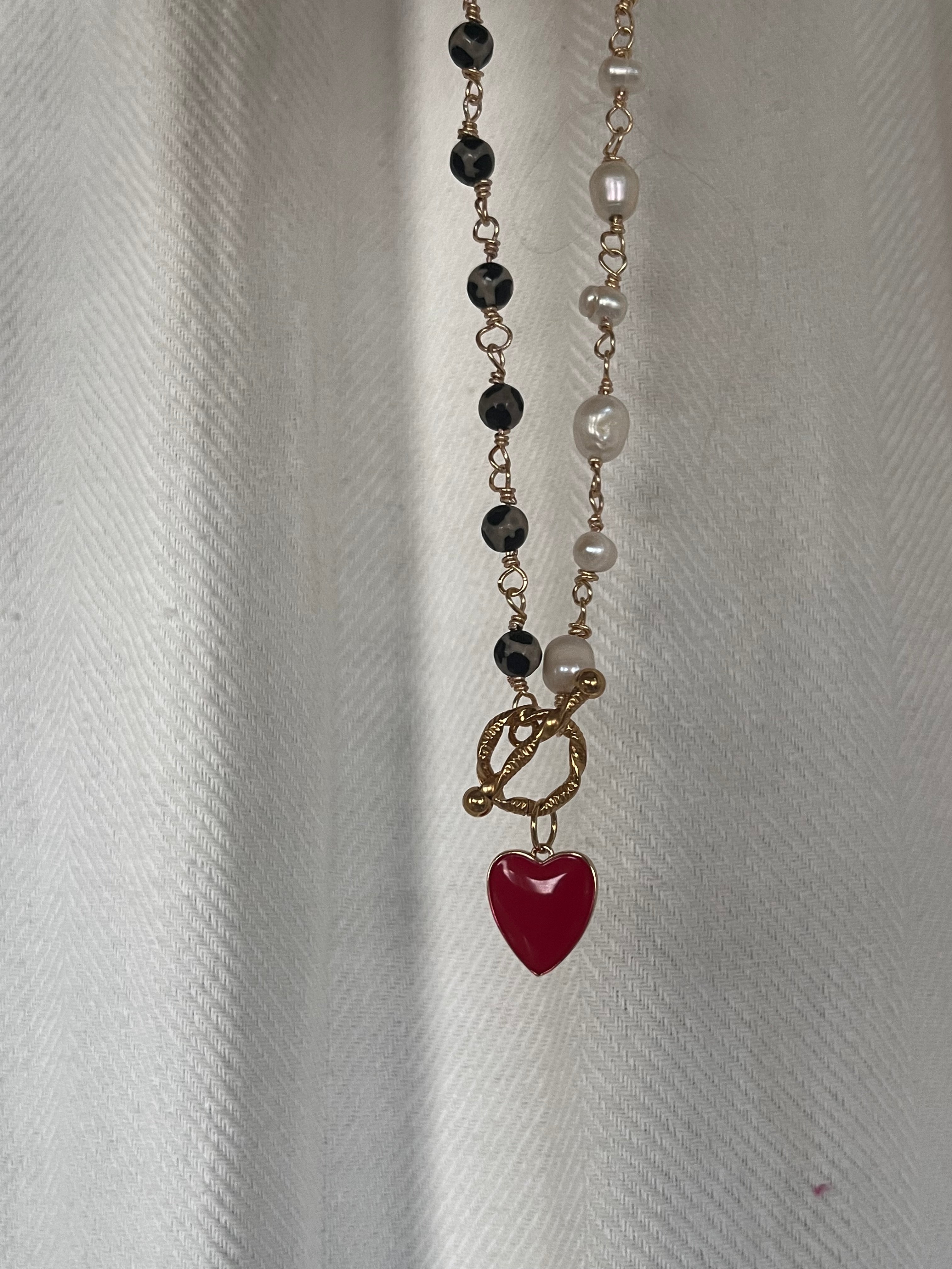 Handmade Half - Pearl Half - Leopard Heart Necklace with Red Enamel Charm - Sirena Jewelry