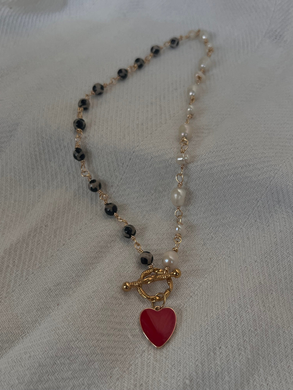 Handmade Half - Pearl Half - Leopard Heart Necklace with Red Enamel Charm - Sirena Jewelry