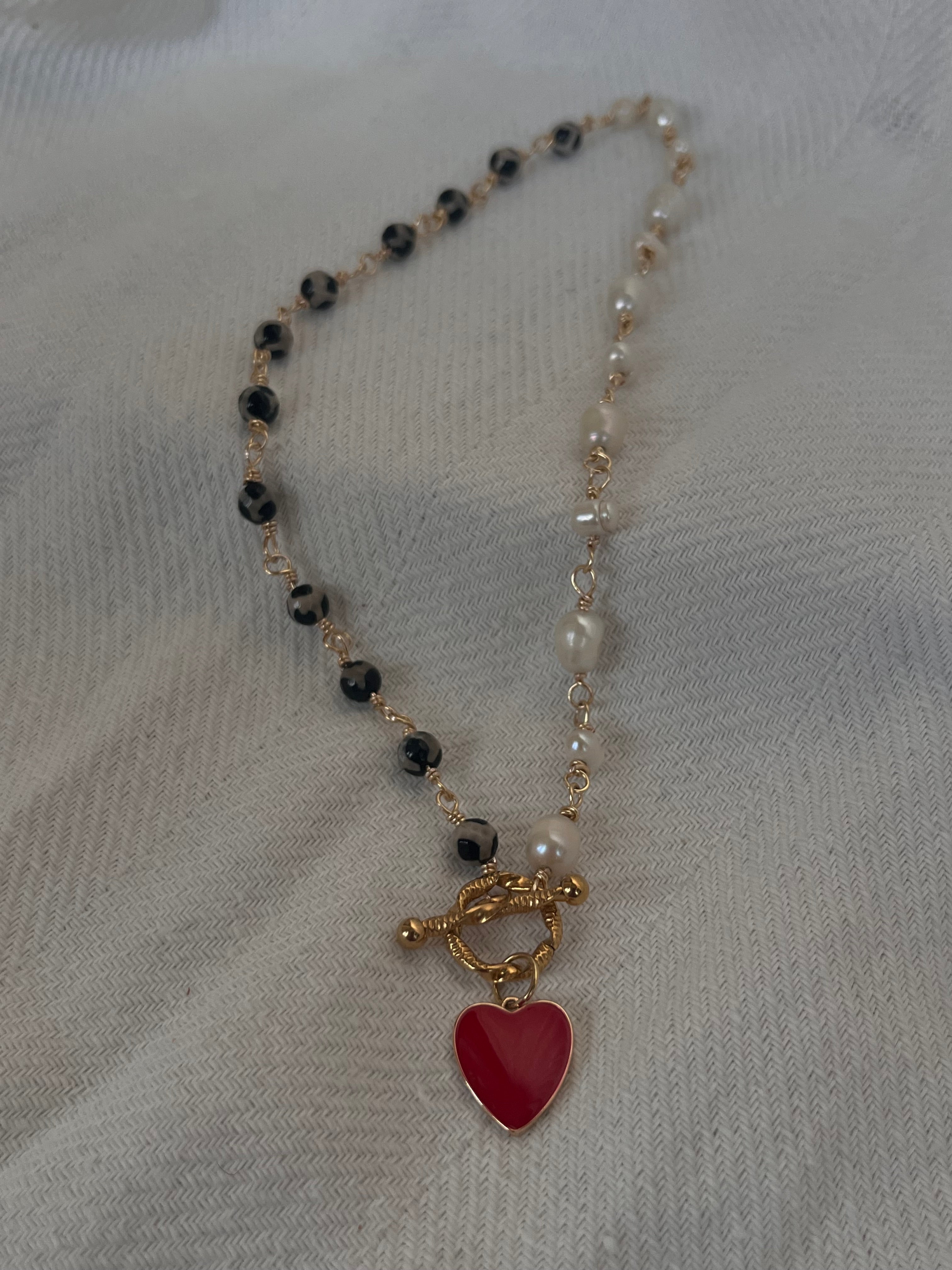 Handmade Half - Pearl Half - Leopard Heart Necklace with Red Enamel Charm - Sirena Jewelry