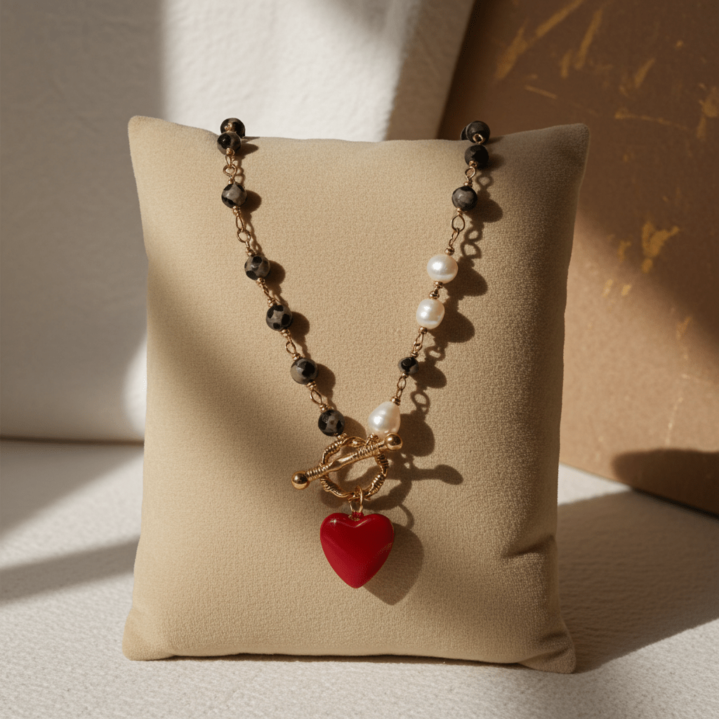 Handmade Half - Pearl Half - Leopard Heart Necklace with Red Enamel Charm - Sirena Jewelry