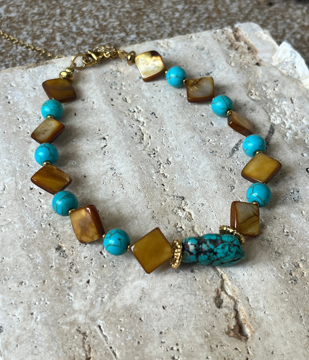 Mother of Pearl & Turquoise Handmade Statement Choker - Sirena Jewelry
