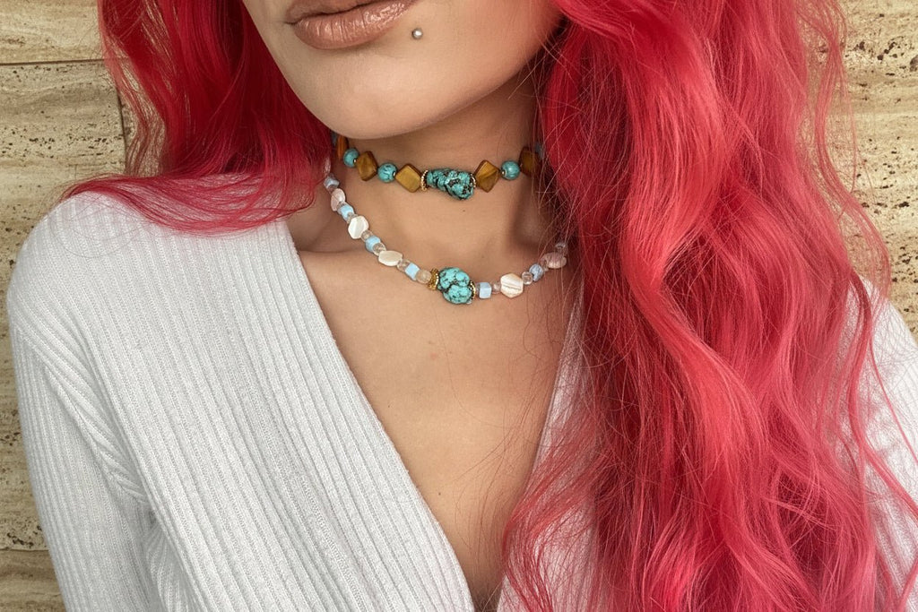 Mother of Pearl & Turquoise Handmade Statement Choker - Sirena Jewelry