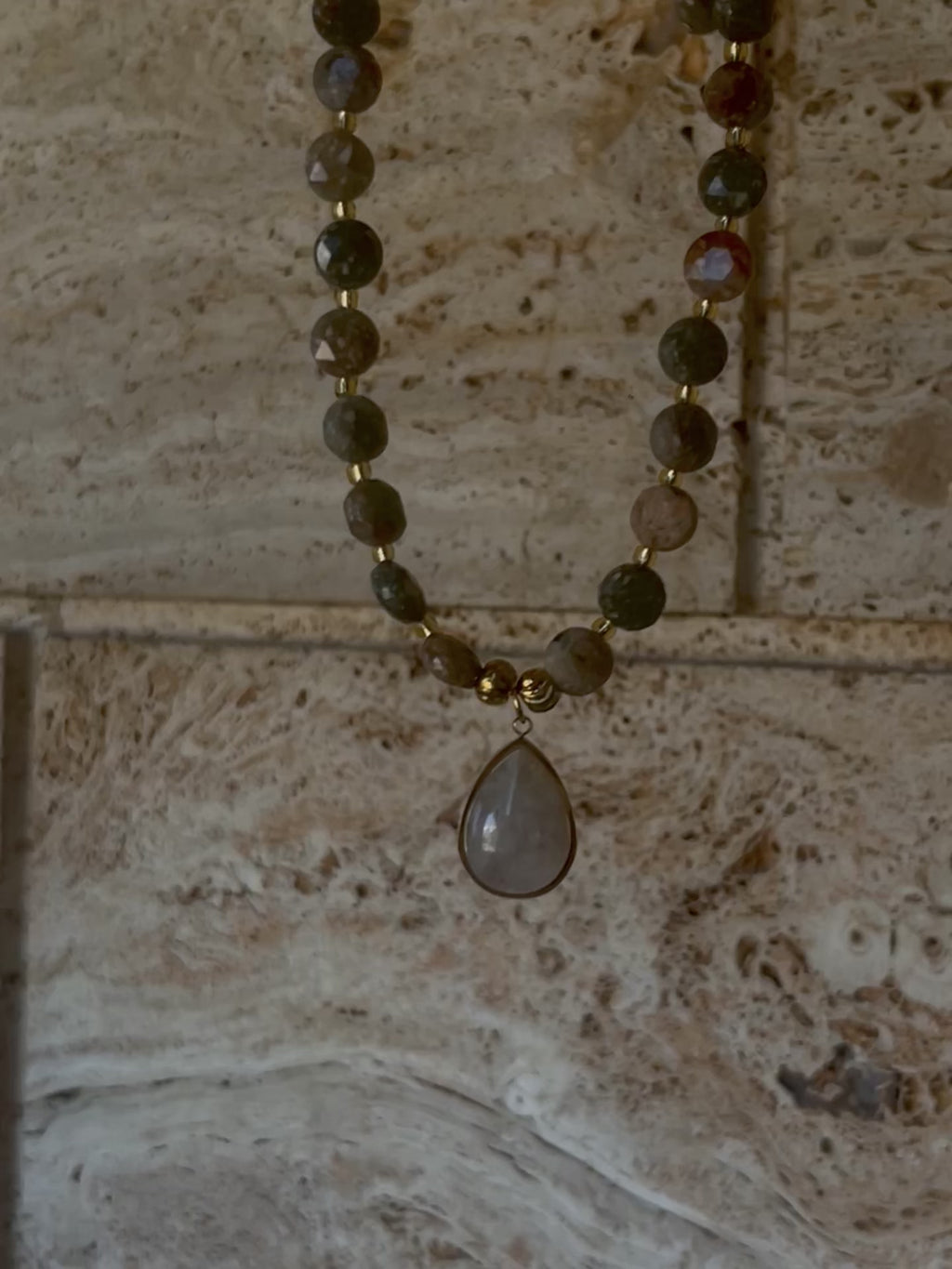 Unakite & Moonstone Drop Necklace | Χειροποίητο Κολιέ με Ημιπολύτιμους Λίθους (Ουνακίτη & Φεγγαρόπετρα)