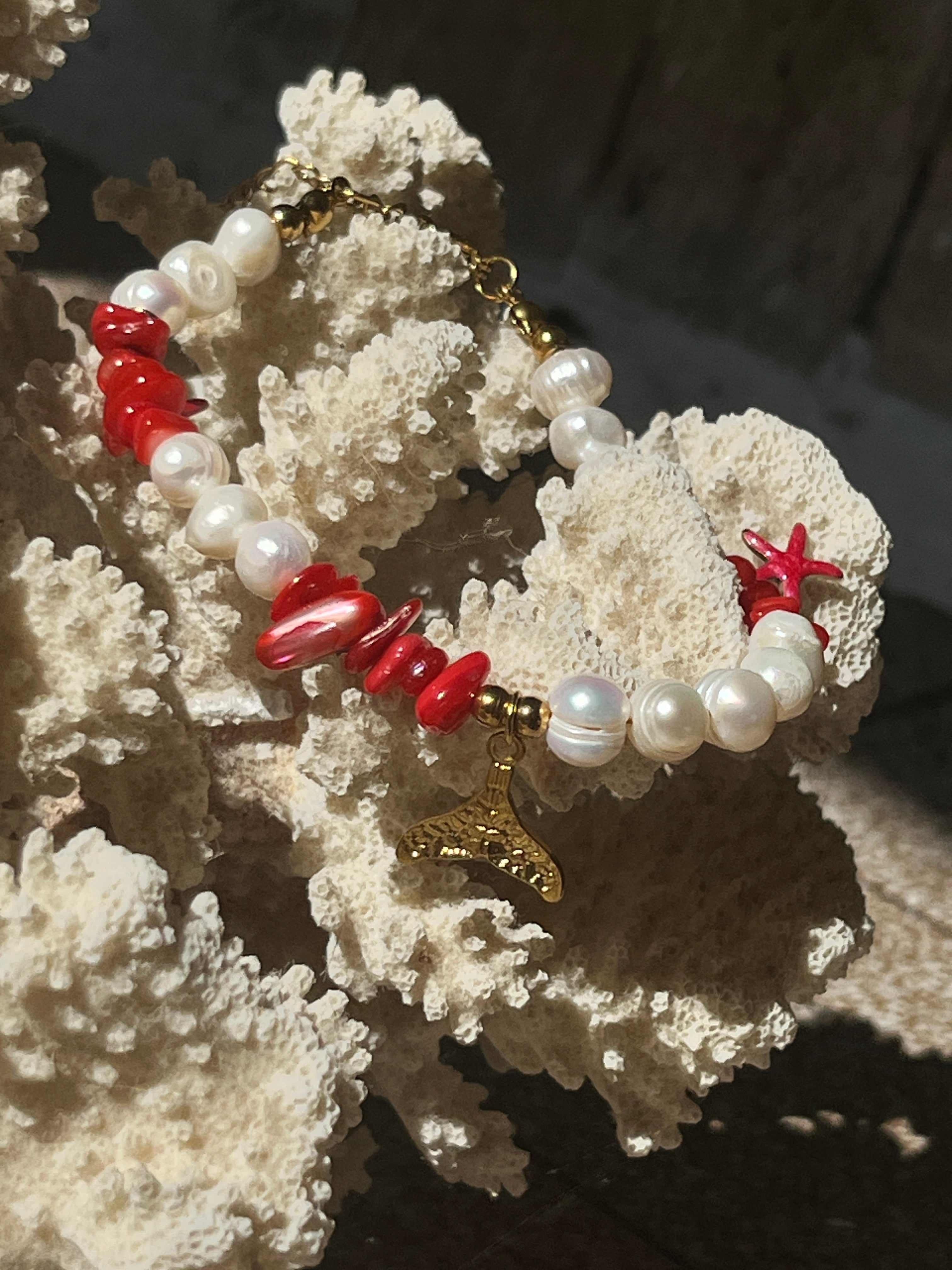 "Sirena Coral" Anklet | Βραχιόλι Ποδιού με Μαργαριτάρια & Κοραλί - Sirena Jewelry
