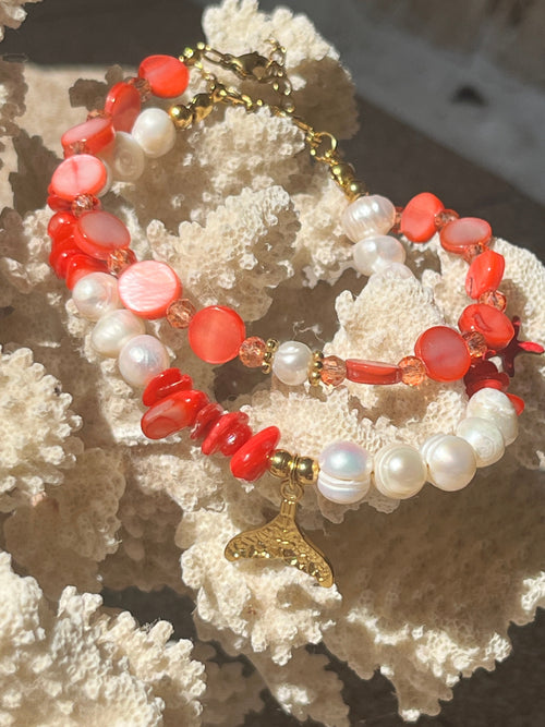 "Sirena Coral" Anklet | Βραχιόλι Ποδιού με Μαργαριτάρια & Κοραλί - Sirena Jewelry