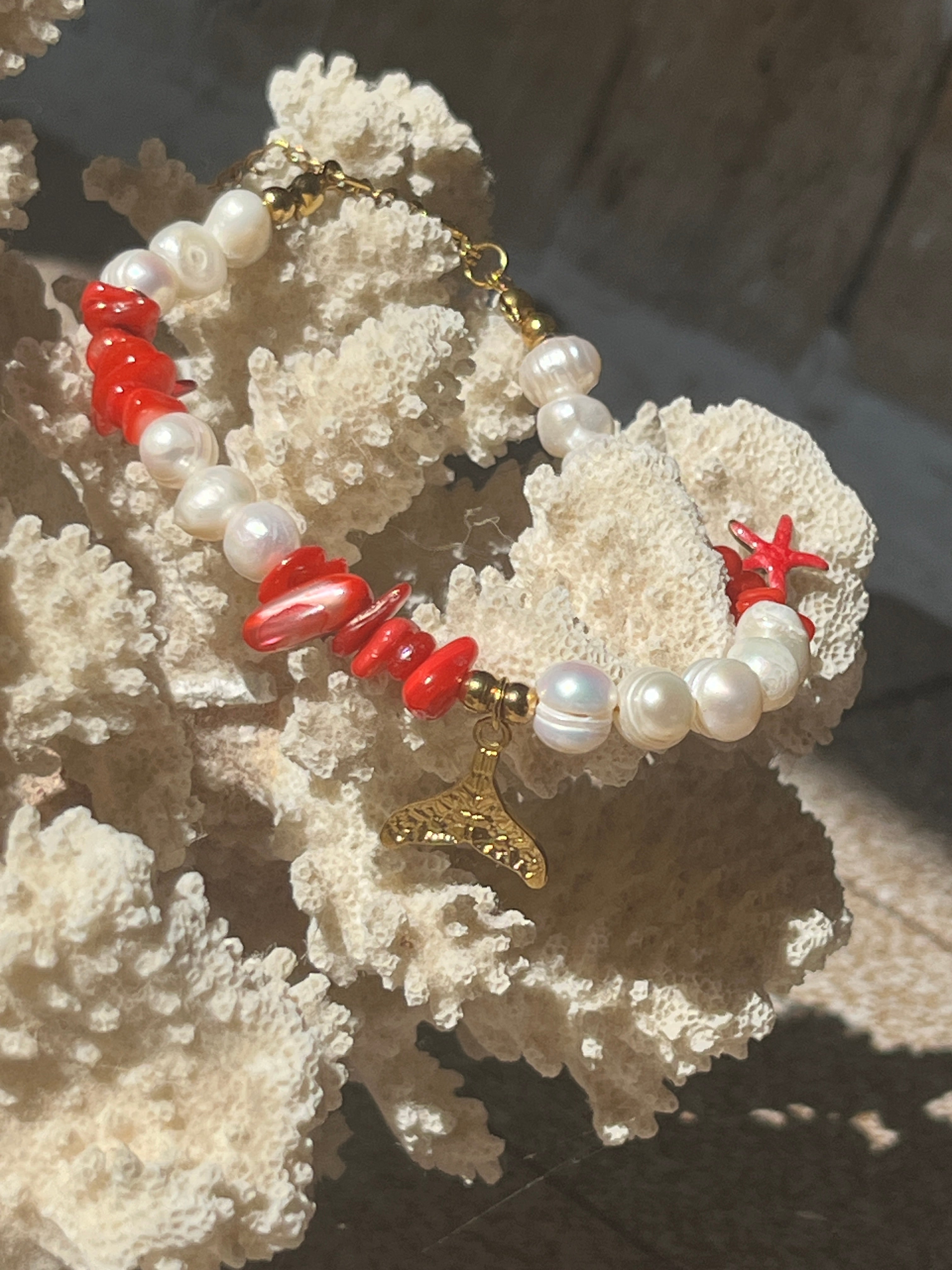 "Sirena Coral" Anklet | Βραχιόλι Ποδιού με Μαργαριτάρια & Κοραλί - Sirena Jewelry