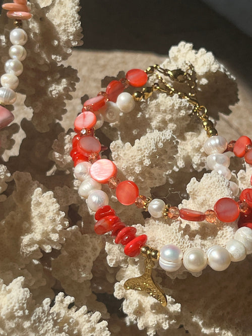 "Sirena Coral" Anklet | Βραχιόλι Ποδιού με Μαργαριτάρια & Κοραλί - Sirena Jewelry