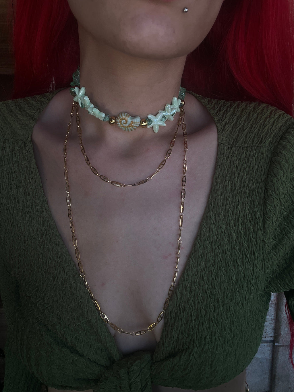 Sirena Mint Green Choker – Χειροποίητο Κολιέ με Κρυστάλλους & Κοχύλι - Sirena Jewelry