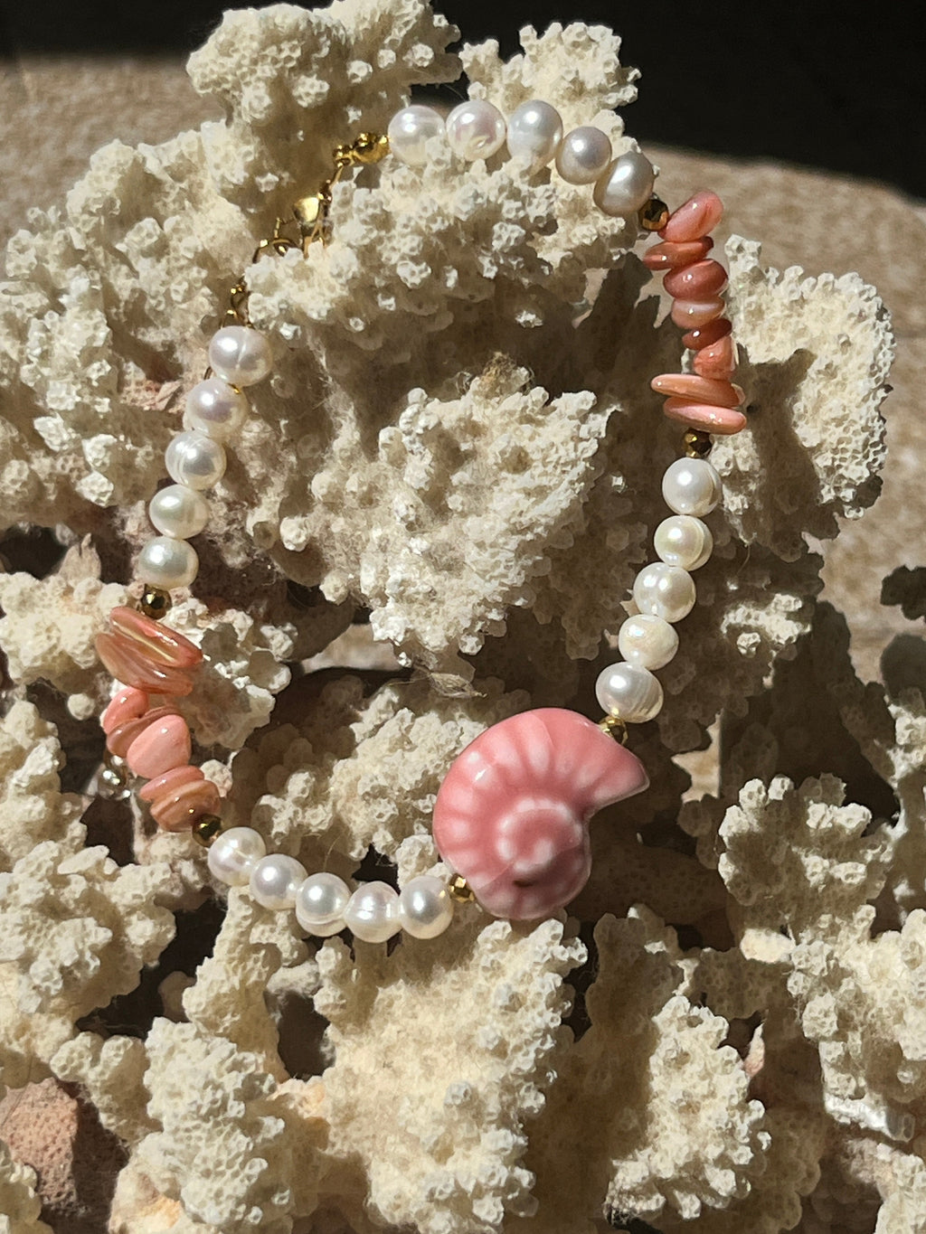 "Sirena Shell" Pink Nautilus Baroque Pearl Anklet - Sirena Jewelry